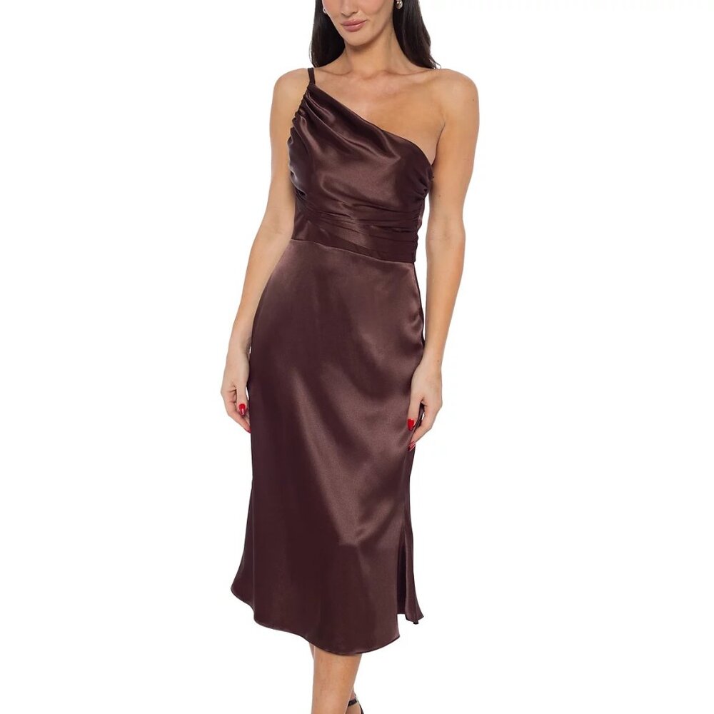 Jump Juniors' Asymmetric-Neck One-Shoulder Satin Dress Brown Size XS